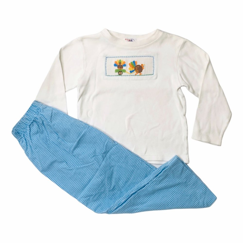 B11-Silly Goose, 4Y, l/s cotton knit smock tee + pant set Thanksgiving Turkey